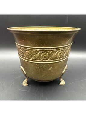 Vintage Brass Champagne Bucket  Three Feet Floral Embossed Ornate Planter Decor